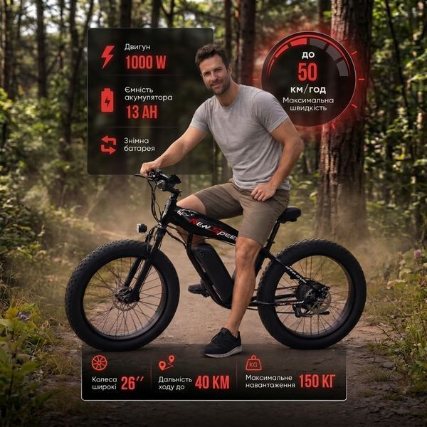 Электровелосипед 1000W 13Ah электрофетбайк для бездорожья 26&times;4.0" 74067 фото