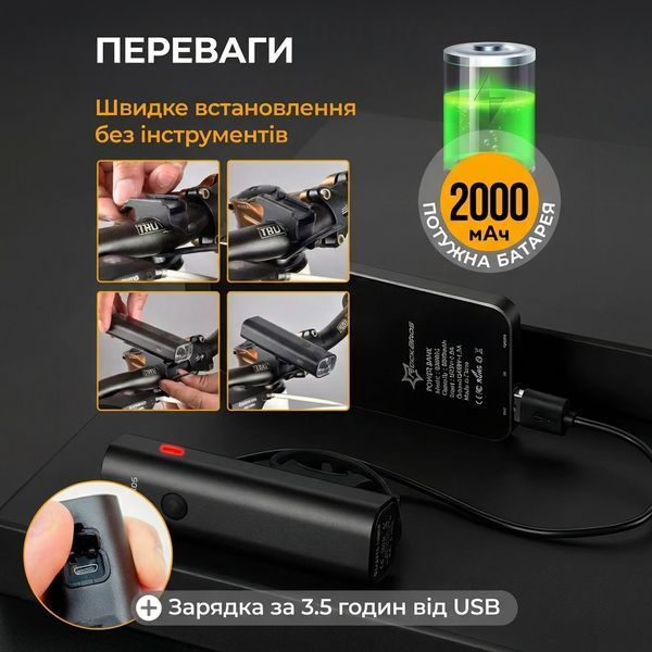 Фонарик велосипедный Rockbros 2000 мАч мощная велофара на аккумуляторе 64997 фото